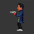 Action Doll Figure In Blue Jacket Red Shirt Holding Two Guns Standing Pose