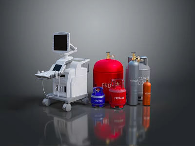 Medical Equipment Cart with Screen and Colored Gas Cylinders Including PRO Labeled Tanks 3d model