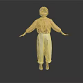 Woman in Brown Top and Beige Pants with Arms Outstretched on Gray Background