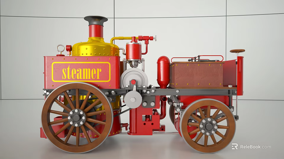 Red And Yellow Steam Powered Functional Vehicle With Large Wheels And Mechanical Components 3d model
