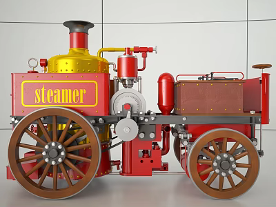 Red And Yellow Steam Powered Functional Vehicle With Large Wheels And Mechanical Components 3d model