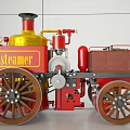 Red And Yellow Steam Powered Functional Vehicle With Large Wheels And Mechanical Components 3d model