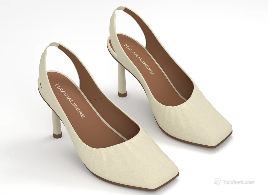 Cream Colored Leather High Heeled Shoes with Square Toe by Fashion Line 3d model 