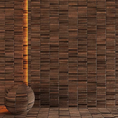 Wooden Wall Components With Vertical Natural Wood Panels And Warm Light Effect 3d model