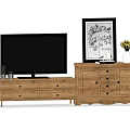 Rustic Wooden TV Stand with Flat Screen TV Framed Artwork Vase and Storage Drawers