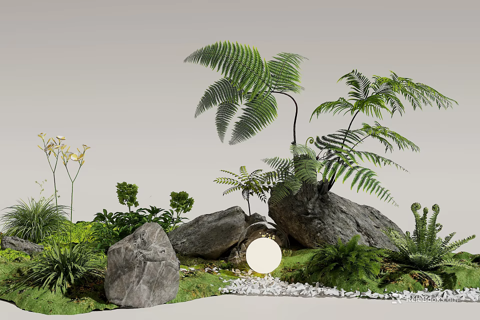 Natural Garden Landscape With Ferns Rocks And Small Green Plants And White Pebbles Arrangement 3d model 