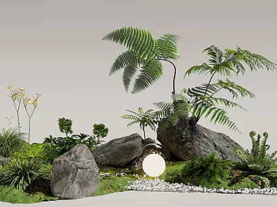 Natural Garden Landscape With Ferns Rocks And Small Green Plants And White Pebbles Arrangement 3d model