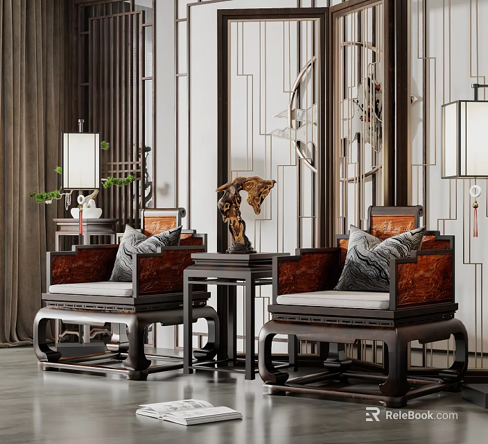 Chinese Style Dark Wood Table And Chair Set With Cushions Traditional Screen Lantern Ornaments 3d model 