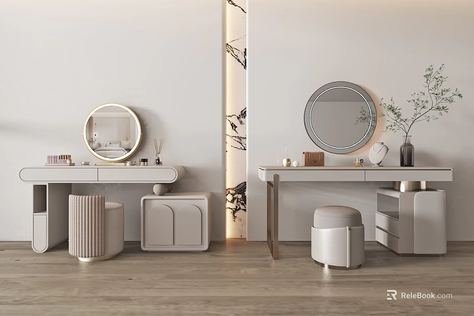 Modern Light Colored Wooden Dressing Table With Round Mirror Stool And Potted Plant Accessories 3d model 
