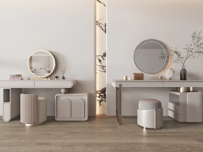 Modern Light Colored Wooden Dressing Table With Round Mirror Stool And Potted Plant Accessories 3d model