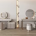Modern Light Colored Wooden Dressing Table With Round Mirror Stool And Potted Plant Accessories