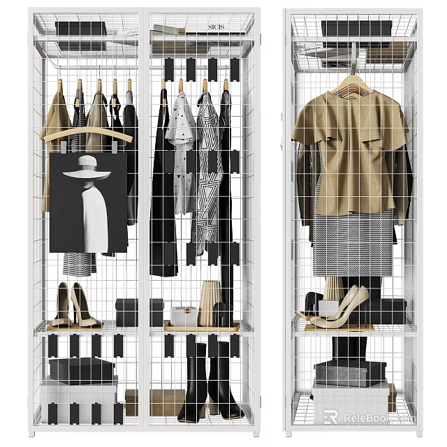 Open Grid Wardrobe Design With Hanging Clothes Hat And Shoes Storage 3d model