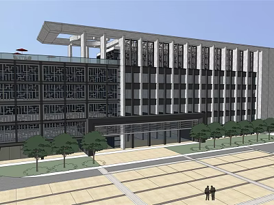 Modern Office Building Exterior With Large Windows Plaza And Trees Front 3d model