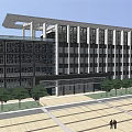 Modern Office Building Exterior With Large Windows Plaza And Trees Front