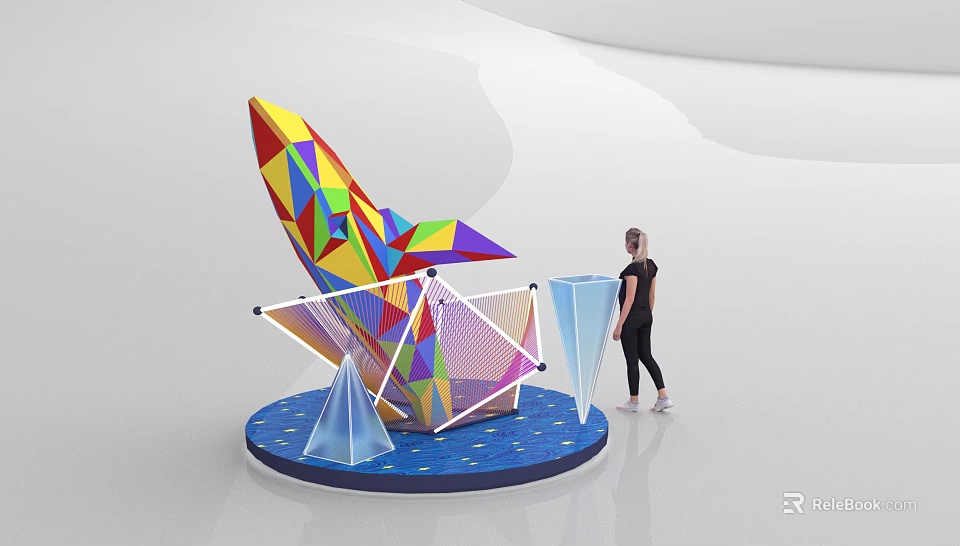 Colorful Geometric Sculpture With Blue Star Pattern Base And Transparent Cones Near Woman 3d model 