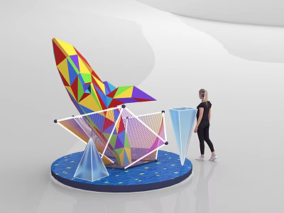 Colorful Geometric Sculpture With Blue Star Pattern Base And Transparent Cones Near Woman 3d model