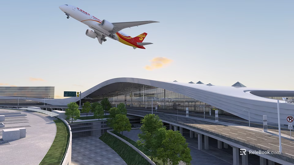 Modern Airport Terminal With Arched Roof And Airplane Taking Off Near Green Trees 3d model 