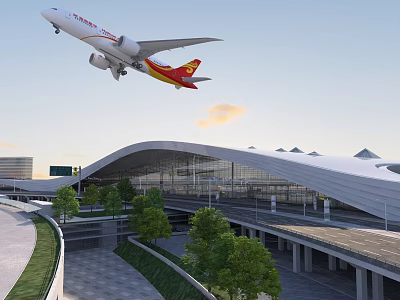 Modern Airport Terminal With Arched Roof And Airplane Taking Off Near Green Trees 3d model