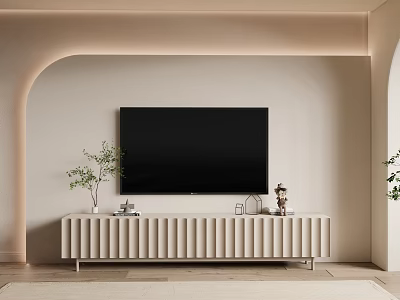 Modern Beige TV Stand With Flat Screen TV Decorative Items And Plant 3d model