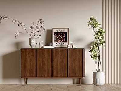 Modern Wooden Entryway Cabinet and Sideboard With Decorative Vase Framed Art Books and Potted Plant 3d model