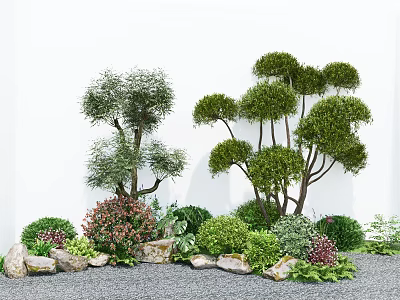 Garden Landscape Design With Shaped Trees Green Shrubs Pink Flowers And Stones 3d model