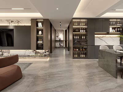 Modern Living Dining Room Interior With TV Wall Wine Rack And Marble Elements 3d model
