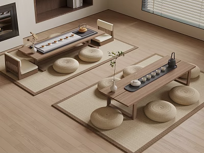 Simple Wooden Tea Table and Chairs with Round Cushions and Tea Sets 3d model