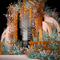 Wedding Photo Spot With Elaborate Flower Arch Orange Pink Green Decor Railings And Grid Background