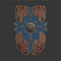 Ornate Wooden And Metal Shield With Symmetric Carvings And Central Decorative Design