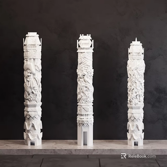 Three Intricately Carved White Stone Pillars With Ornate Designs Against Dark Background 3d model 
