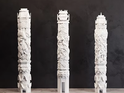 Three Intricately Carved White Stone Pillars With Ornate Designs Against Dark Background 3d model