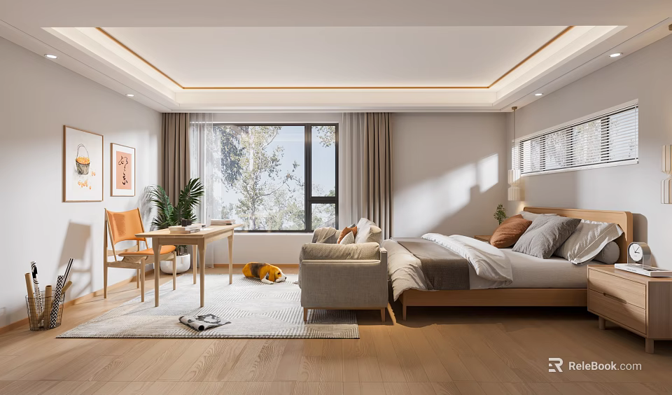 Modern Bedroom Interior Design With Wooden Floor Bed Nightstand Chair Table Rug And Potted Plant 3d model 