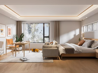 Modern Bedroom Interior Design With Wooden Floor Bed Nightstand Chair Table Rug And Potted Plant 3d model