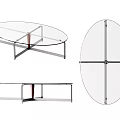 Oval And Rectangular Glass Top Coffee Table With Metal Cross Frame Design 3d model
