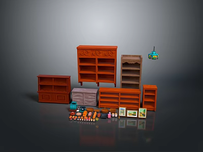 Assorted Wooden Furniture Collection With Shelves Cabinets And Small Decorative Items 3d model