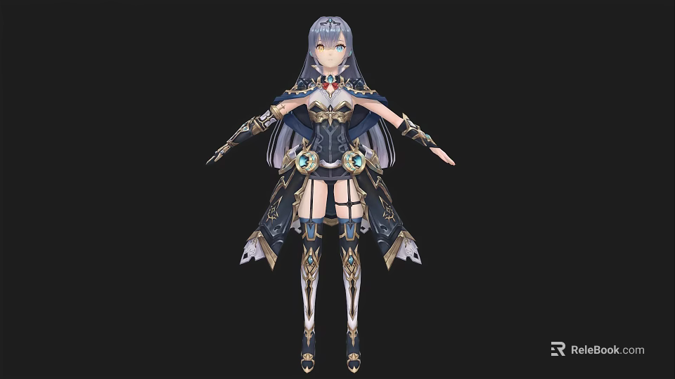 Anime Style Female Character With Blue Hair In Mechanical Outfit And Long Boots 3d model 
