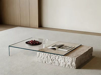 Modern Minimalist Coffee Table With Glass Top Stone Base Fruit Bowl And Magazine 3d model
