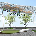 Modern Pergola with Grid Roof Structure and Hanging Plants Surrounded by Trees and Lawn