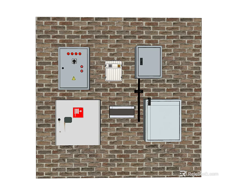 Industrial Equipment Mounted on Brick Wall with Control Panels and Electrical Enclosures 3d model 