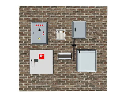 Industrial Equipment Mounted on Brick Wall with Control Panels and Electrical Enclosures 3d model