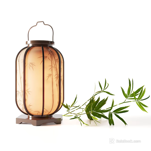 Japanese Style Table Lamp With Beige Shade Bamboo Branch Pattern And Green Leaves 3d model 