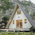 A Frame Cabin Building With Glass Door Wooden Deck Grill Outdoor Seating Surrounded By Trees