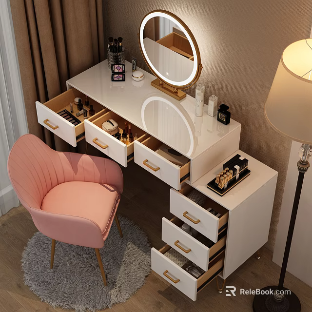White Vanity Table With Lit Round Mirror Gold Handles Cosmetics And Pink Chair 3d model 