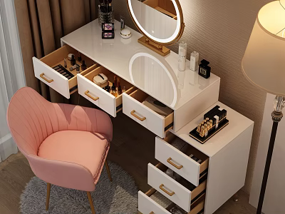 White Vanity Table With Lit Round Mirror Gold Handles Cosmetics And Pink Chair 3d model