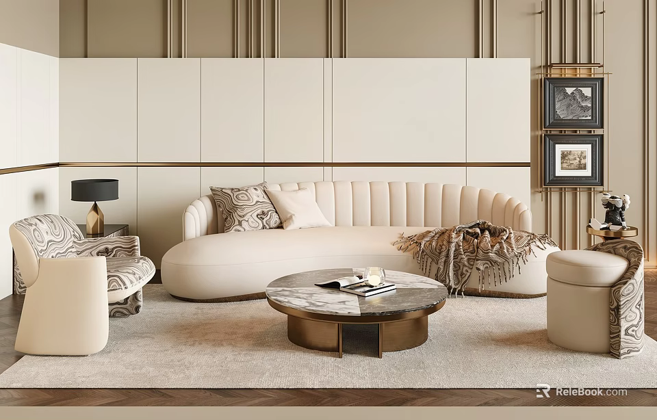 Modern Luxurious Sofa and Coffee Table Set with Curved Beige Upholstery Marble Top Accent Pillows 3d model 