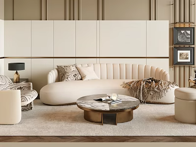 Modern Luxurious Sofa and Coffee Table Set with Curved Beige Upholstery Marble Top Accent Pillows 3d model