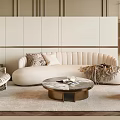 Modern Luxurious Sofa and Coffee Table Set with Curved Beige Upholstery Marble Top Accent Pillows