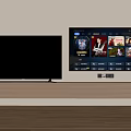 Two Modern Televisions With Black Screen And Streaming Content On Wooden Stand