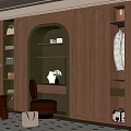 Modern Elegant Wooden Wardrobe With Glass Doors Clothing Hanging And Dressing Nook Green Plant Interior