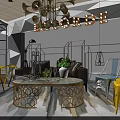 Elegant Sofa And Coffee Table Set With Gold Geometric Design Green Plant Yellow Chairs